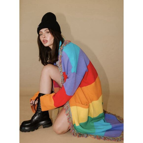 Dressed in LALA Luxe Fringe Blanket Cardigan in Chasing Rainbows Size S/M - Picture 2 of 9